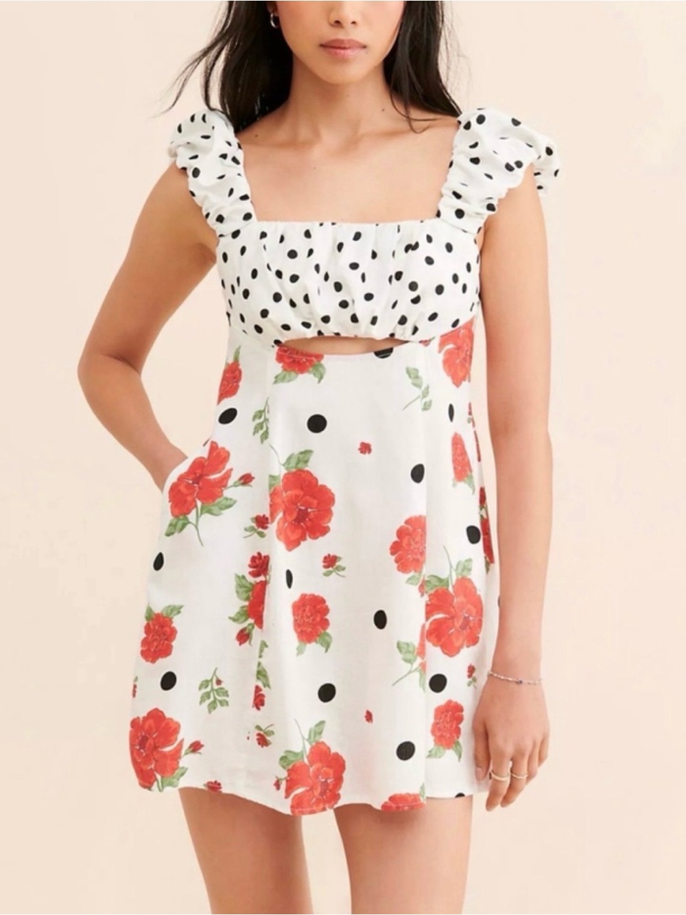 Free People White Cut-Out Dress with Red Floral & Black Polka Dots